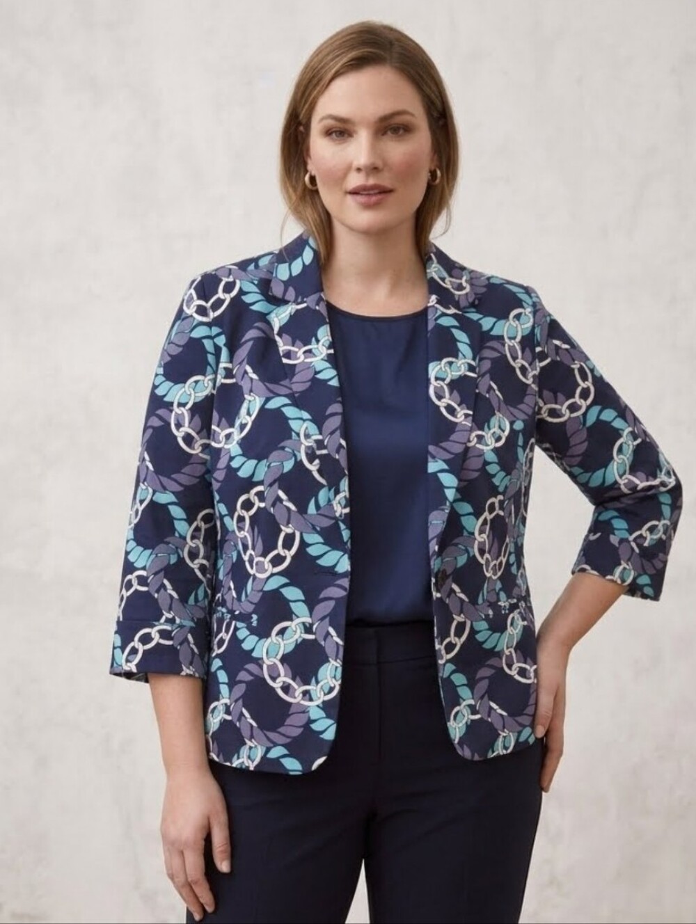 Alfred Dunner Women's Button Up Nautical Rope & Chain Link Pattern Blazer Jacket